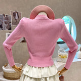Yipinpay Sweaters for Women Gentle Slim Korean Clothes Cropped Pink Cardigan V-neck Metal Button Knitted Cardigan Jacket Sun Shirts