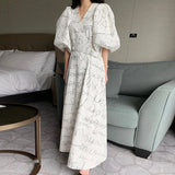 Yipinpay Vestidos De Mujer V Neck High Waist Large Swing Lantern Sleeve White Graffiti Dress Women Vintage Loose Short Minimalism