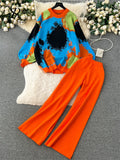 Yipinpay Winter Fashion Thick Sweater Suits 2024 Tie-dye Loose Pullover+Elastic Long Pants Print Casual Knitted Two Pieces Sets