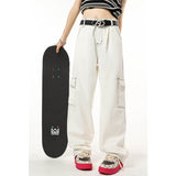 yipinpay White High Waist Overalls Women Jeans American Fashion Streetwear Oversize Wide Leg Jean Female Trouser Baggy Denim Pants