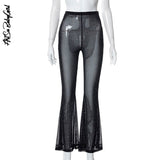 yipinpay Wide Leg Pant Sexy Flare Pants Women Fashion See Through Mesh Pant Sparkly Trousers Summer Solid High Waist Black Pants