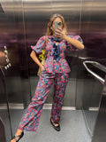 Yipinpay Flower Printing Long Pant Set Women Elegant O Neck Lace Up Short Sleeve Shirts Wide Leg Trousers Chic Lady 2 Pieces Sets