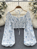 Yipinpay Summer French Style Print Short Blouse 2024 Long Sleeves Elastic Beach Top Women Fashion Backless Ruched Floral Blouse