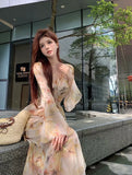 Yipinpay Vintage Dresses Women Temperament French Style Floral Printed Fashion V Neck Bandage Flare Long Sleeve Elegant Dress