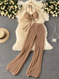 Yipinpay Women Summer Design Knitted Set Sexy Backless Halter Short Tops+Chic Hollow Knitted Wide Leg Long Pants Two Piece Suit