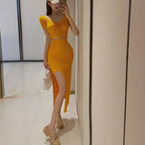 Yipinpay Women's Sexy Orange Drawstring T-shirt V Short Sleeve Top Summer 2023 New Cotton Slit Asymmetric Skirt Sets Wild