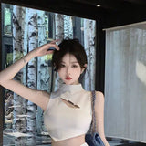 Yipinpay Women Two-piece Set French Pure Desire Sweet Spicy Hollow Sleeveless Backless Short Top Female Hollow Wrap Hip Slim Skirts