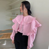 Yipinpay Sweet Pink Shirt Women Loose Long Sleeve Solid Ruffles Lapel Spring New Korean Chic Ladies Tops Elegant Fashion Blouses