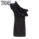 Yipinpay Ruffle Black Mini Dress Woman Asymmetric Bodycon Dress Women Sleeveless Summer Short Dresses Off Shoulder Party Dresses