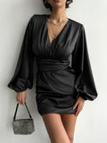 Yipinpay Party Ruched Sexy Dress Women Lantern Sleeve V-Neck Satin Short Dress With Sashes Clubwear Spring 2023 Solid Dresses