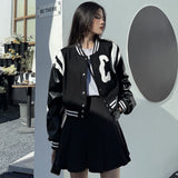 Yipinpay Black Baseball Jacket Women Autumn College Leather Patchwork Gothic Long Sleeve Loose Cropped Jacket Korean Streetwear