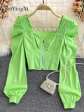 yipinpay Sexy Zipper Crop Tops Female Ruched Casual Vintage Long Sleeve Blusas Women Korean Elegant Camisas Club Short Shirt