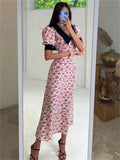 Yipinpay V-Neck Patchwork Printed Dress Summer For Women Short Sleeve Fashion High Waist Party Dress Contrast Ladies Maxi Dress