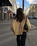 Yipinpay Women Shinny Croped Jacket Casual Gold Stand Collar Long Sleeve Coat 2023 Autumn Fashion Chic Female Streetwear Coats