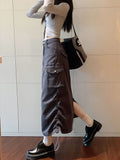 Yipinpay Grunge Cargo Skirt Long Women Acubi Fashion High Waist Drawstring Vintage Y2k Pocket Patchwork A-line Skirt Streetwear