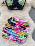 Yipinpay Fashion Trend Hotsweet Print Suits Women Halter Sleeveless Top+ Ruched Bodycon Mini Skirt Streetwea Two Pieces Sets