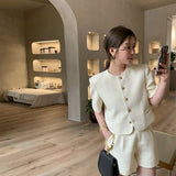 Yipinpay Leg Shorts O Neck Short Sleeve Tweed Jacket Crop Cardigan Suits Two Piece Sets Womens Outifits Korean Shirt Blazers
