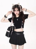 Yipinpay Korean Sweet Spicy Girl Lace up Cross Crop Top for Women Slim Fit Short Sleeve T-shirt Women Summer New Fashion Clothing