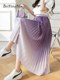 yipinpay Korean High Waist Pleated Skirt Woman Gradient Chic Slim Summer A-line Skirts Girls New Fashion Pink Long Midi Faldas