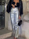 Yipinpay Silver Faux Leather Pants Women High Waist Baggy Pants Female Fashion Y2k Streetwear Casual Wide Pants Woman Trousers