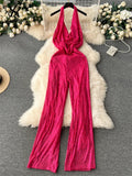 Yipinpay American Senior Sequin Jumpsuit Solid Bodycon Long Romper Fashion Halter Neck Swing Collar Backless Sexy Long Rompers