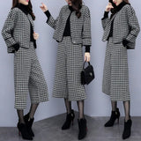 Yipinpay Women's Autumn and Winter Two-piece Pants Houndstooth Woolen Coat Wide-leg Pants Casual Fashion Suit Women's Trend