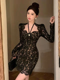 Yipinpay Woman Dress Lace Patchwork Long Sleeve Slash Neck Elegant Slim French Style Chic Party Clubwear Mini Dresses Ladies