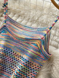 Yipinpay Sexy Hollow Out Rainbow Set Knitted Mini Camis Hight Waist Knit Mid Dress Women Streetwear Fashion Two Pieces Suits
