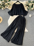 Yipinpay Senior Pleated Suits Long Flare Sleeves Ruched Top+High Waist Wide Legs Pants Female 2024 Autumn Solid Streetwear Sets