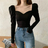 Yipinpay Sexy Black T Shirts Women Tshirts Square Collar Puff Long Sleeve Retro Tees Slim Tops 2023 Shirts for Women Ropa Mujer