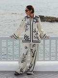 Yipinpay Floral Print Long Pants Sets Women 2024 Chic Lapel Long Sleeve Shirt Wide Leg Trousers 2 Pieces Sets Lady Street Outfits