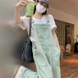Yipinpay Green Denim Overalls Pant for Women Y2k Streetwear Baggy Pocket Jeans Straight Bib Denim Rompers Trousers Korean Ladies