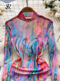 Yipinpay American Retro Tie Dye Print Playsuits Stand Collar Long Sleeves Slim Artistic Top Open Crotch Mesh Sexy Bodysuits