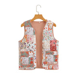 Yipinpay 2024 Ethnic Women Patchwork Floral Print Quilted Vest Sleeveless Coat V Neck Pockets Lady Vintage Waistcoat