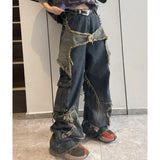 yipinpay Women Blue Jeans Contrasting Colors High Waist American Street Wide Leg Pants Fashion Hip Hop Vintage Straight Autumn Trousers