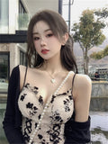 Yipinpay Long Sleeve Knit Cardigan Crop Coat Two-piece Dress Ladies Drawstring Floral V-neck French Suspender Robe Suit Women