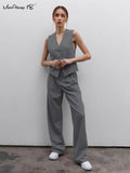 Yipinpay Gray Office Two Pieces Pants Suits Blazers Vest And Wide Leg Pants Women Sets Business Casual Ladies Outfits 2023