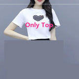 Yipinpay Summer New Short-sleeved T-shirt Chiffon Polka Dot Skirt Two-piece Set Women's All-match White Top Black Midi Skirts Suit