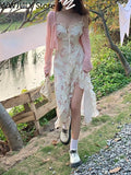 Yipinpay Summer Floral Sleeveless Midi Dress Elegant Sexy French Vintage Strap Dress Woman Party One Piece Dress Korean Fashion