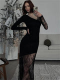 Yipinpay Printed See-Through Black Maxi Dress Women High Waist Lace Slim Mesh Patchwork Sexy Long Dress Party Looks Female Dress