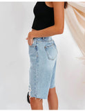 Yipinpay New Women's Summer Ripped Denim Shorts Fashion High Elastic Slim Knee Length Jeans Shorts S-2XL Drop Shipping