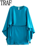 Yipinpay Blue Satin Dress Woman Short Elegant Party Dresses For Women 2023 Cape Sleeve Summer Dresses Mini Woman's Evening Dress