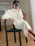Yipinpay White Knitted Long Dress Women Autumn Vintage Half High Collar Warm Sweater Dress Korean Casual Chic Evening Y2k Dress
