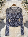 Yipinpay Europe Long sleeved Mesh Sheer T-shirt Fashion Skinny Temperament Office Lady Blouse O Neck Pleated Tie Dye Print Top