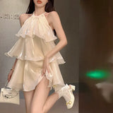 Yipinpay Woman Dress Elegant Sweet Sleeveless Ruffles Mesh Loose Summer New Cake Mini Dresses Solid Sexy Female Casual Fairy