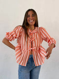 Yipinpay Summer Elegant Stripe Lace Up Shirts For Women Casual Cotton O-neck Blouse Female Casual Street Long Sleeve Lady Chic Tops
