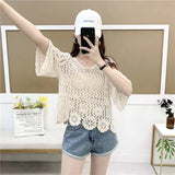 Yipinpay Fashion New Round Neck Five-point Sleeve Pullover Handmade Sweater Korean Version Knitted Hollow Solid Color Top Female