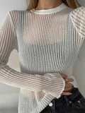 Yipinpay Ribbed See-Through Knit Pullover Female Hollow Out Slim Solid Long Sleeve Top Sheer Casual Knitwear Ladies Pullover Summer