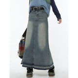 yipinpay Women Blue Denim Half Body Skirt Gradient High Waist Tassels Casual Korean Mid Length Bottoms Baggy Vintage Female Long Skirt