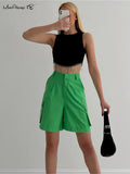 Yipinpay High Waisted Cargo Shorts Women Double Pocket Pleated 2023 Summer Casual Shorts Solid Straight Lady Pink Wide Shorts